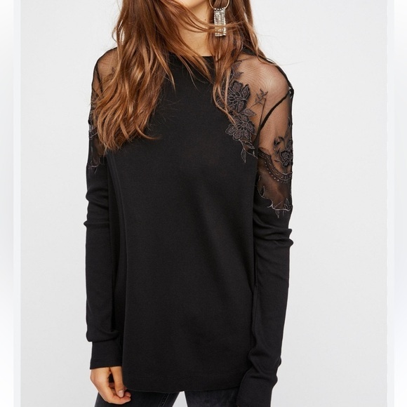 Free People Tops - Free People Daniella Lace Shoulder Embellished Top Black Size XS